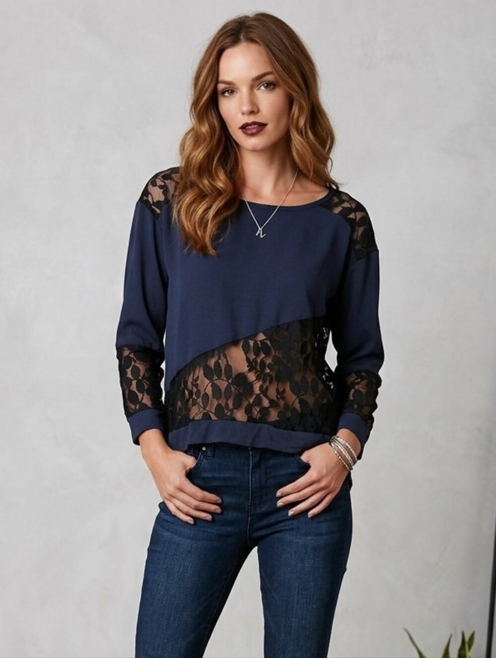 Patterson J. Kincaid Navy Lace-Panel Sweatshirt Top